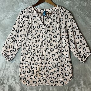Pink Leopard Print Sheer Quarter Sleeve Button Up Women’s Blouse Size Small